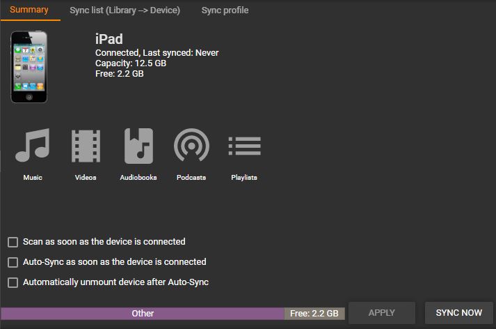 MediaMonkey Device Profile Summary tab